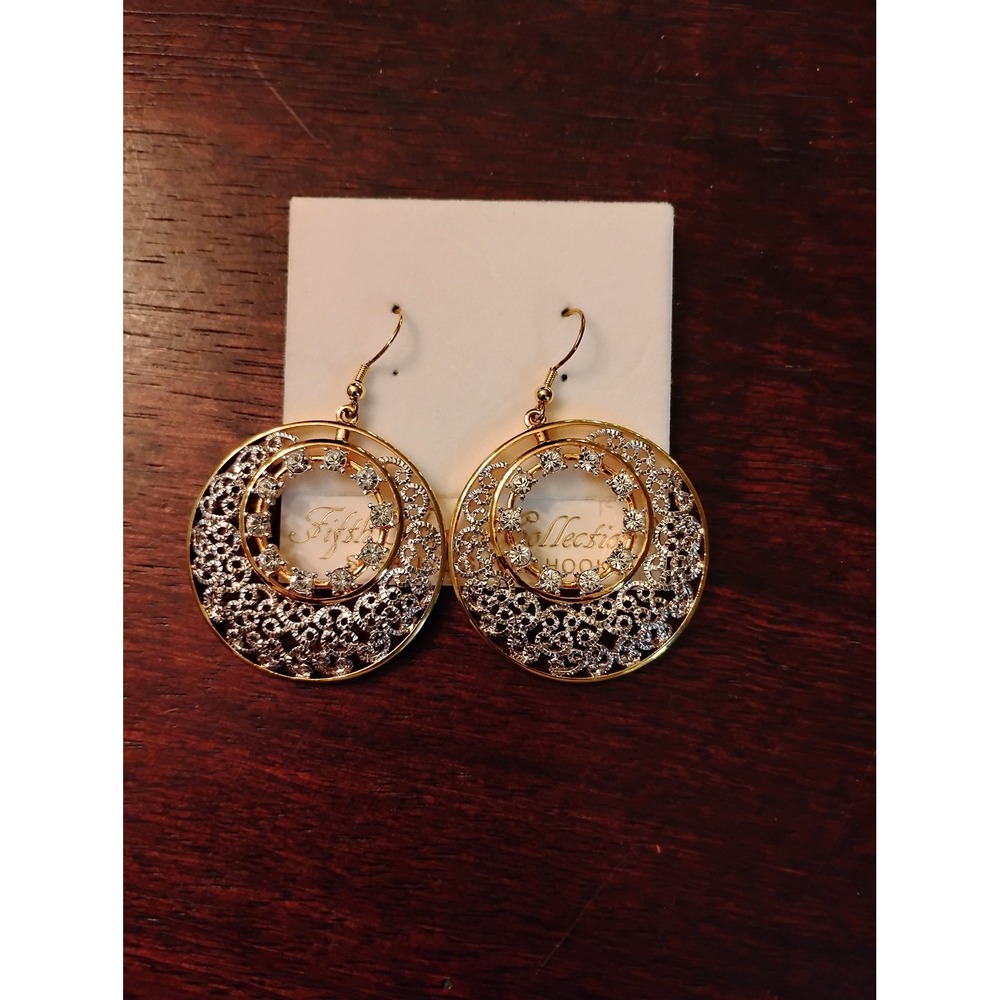 Fifth Avenue Collection Gold Tone Filigree Rhinestone Circle Drop Earrings